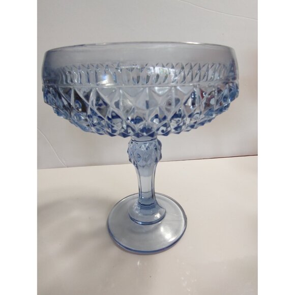 Vintage Indiana Glass Diamond Point Blue Glass Large Compote 7.25" Tall - Picture 12 of 13